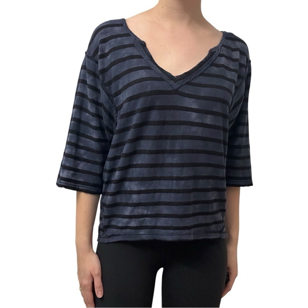 Free People T-Shirt Top Striped Linen Cotton Boho Oversized Grunge Size Small